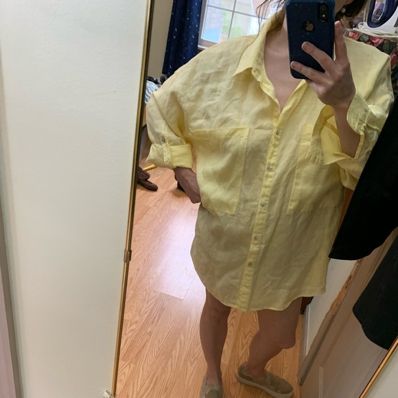 Magaschoni linen blouse oversized pockets mother of pearl buttons yell XL - Picture 8 of 13